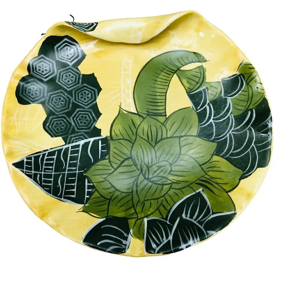Tommy Bahama Set/3 Ambiance Curled Edge Yellow Green Tropical Print Salad Plates
